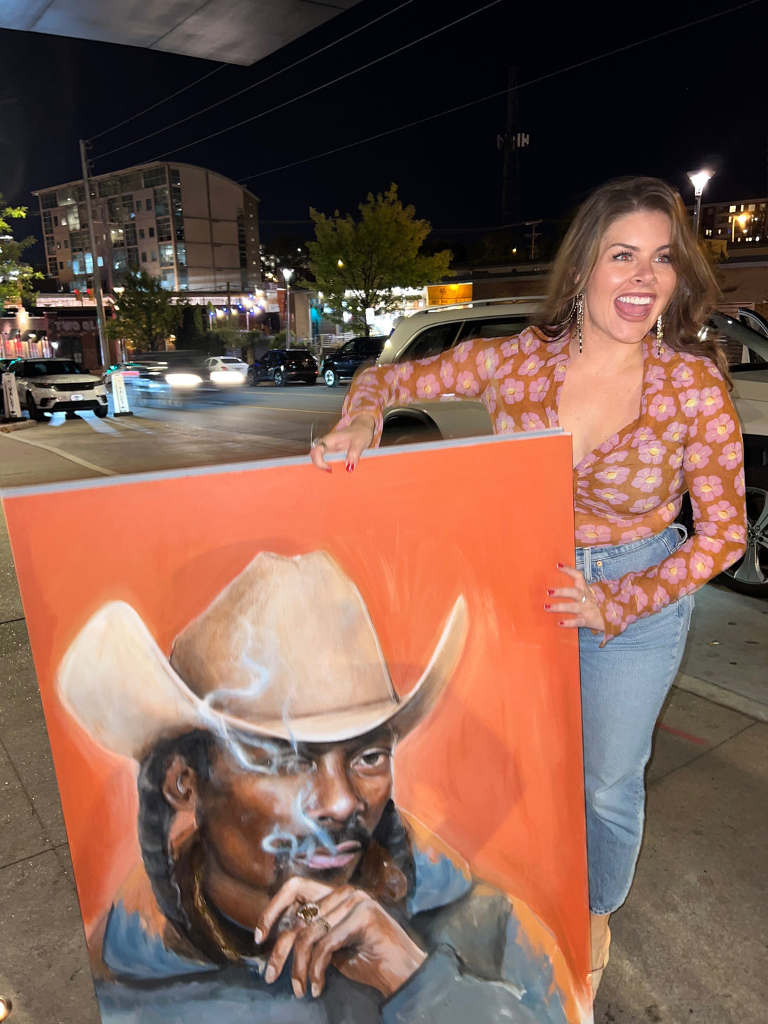 Madeline Kiel with her Snoop Dogg cowboy painting — Death Row Ranch Western Pop Art