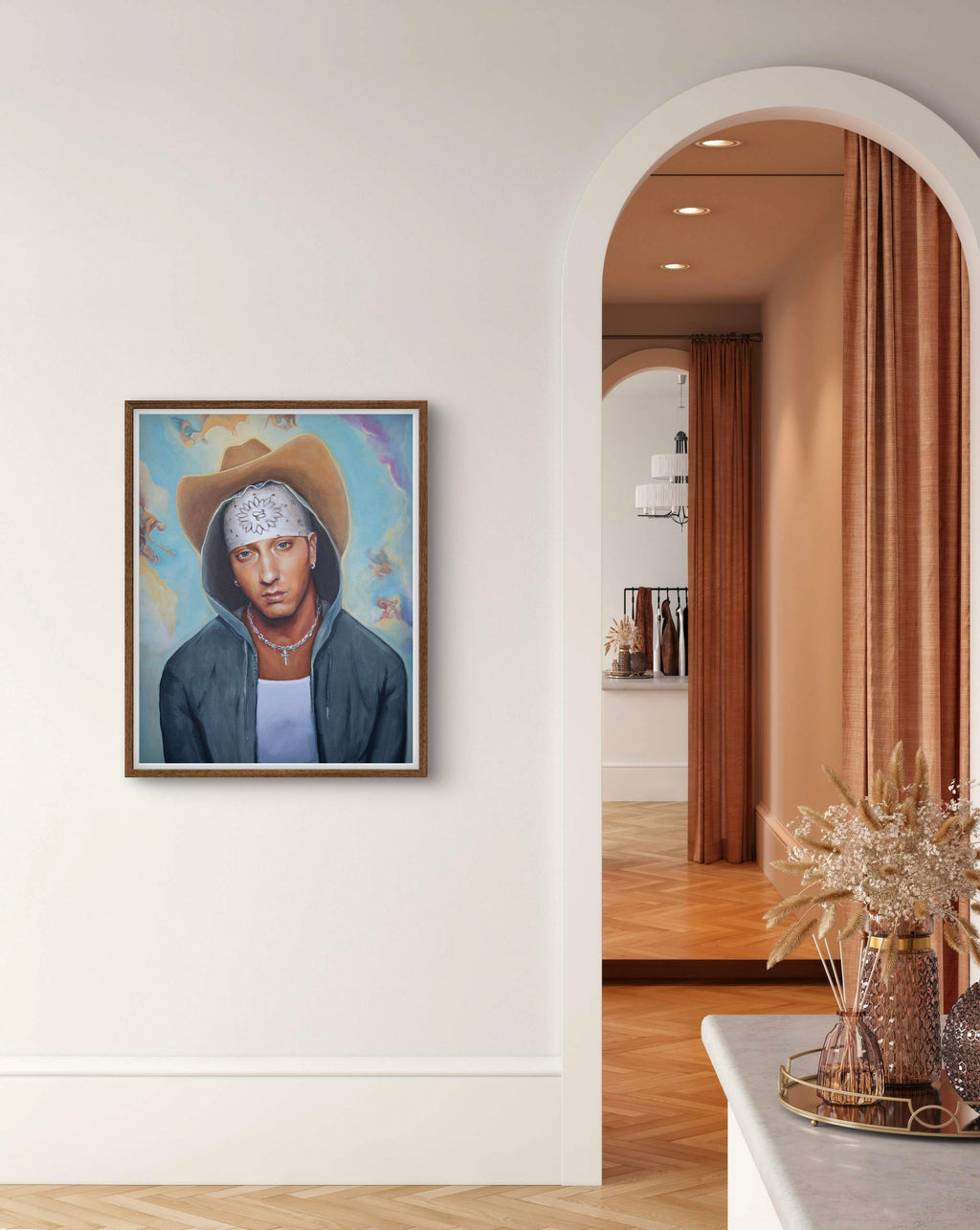 8 Mile Rodeo Eminem cowboy art print by Madeline Kiel — styled in home interior